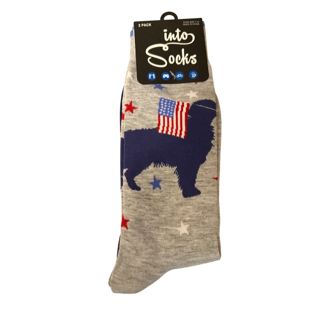 Into Socks 2 Pack Men Retriever Dog American Flag Crew Socks Grey Navy 7-12 NEW
